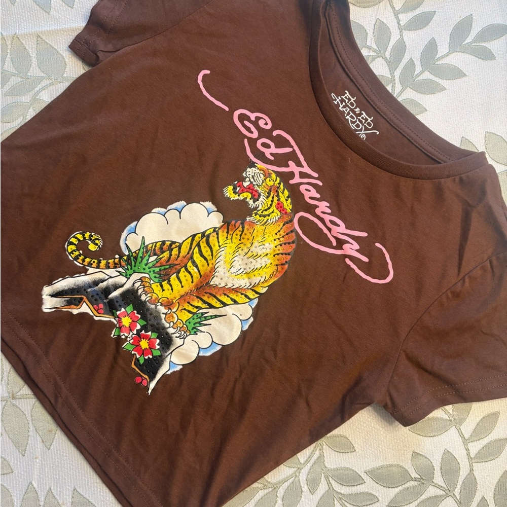 Ed Hardy Brown Logo Crop Tee size M